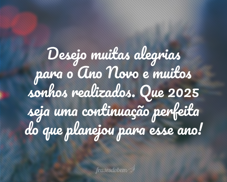 Desejo muitas alegrias para o Ano Novo e muitos sonhos realizados. Que 2025 seja uma continuação perfeita do que planejou para esse ano!