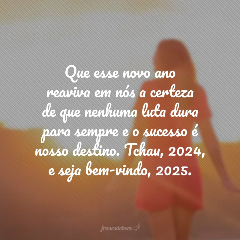 Que esse novo ano reaviva em nós a certeza de que nenhuma luta dura para sempre e o sucesso é nosso destino. Tchau, 2024, e seja bem-vindo, 2025. 