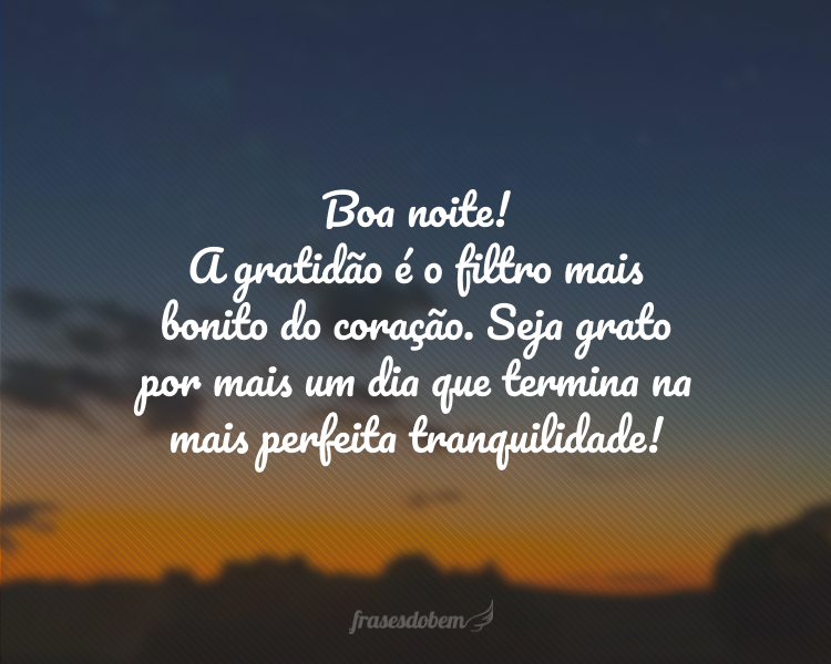 Boa noite! A gratidão é o filtro mais bonito do coração. Seja grato por mais um dia que termina na mais perfeita tranquilidade!