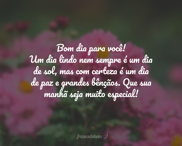 Bom dia para você! Um dia lindo nem sempre é um dia de sol, mas com certeza é um dia de paz e grandes bênçãos. Que sua manhã seja muito especial!