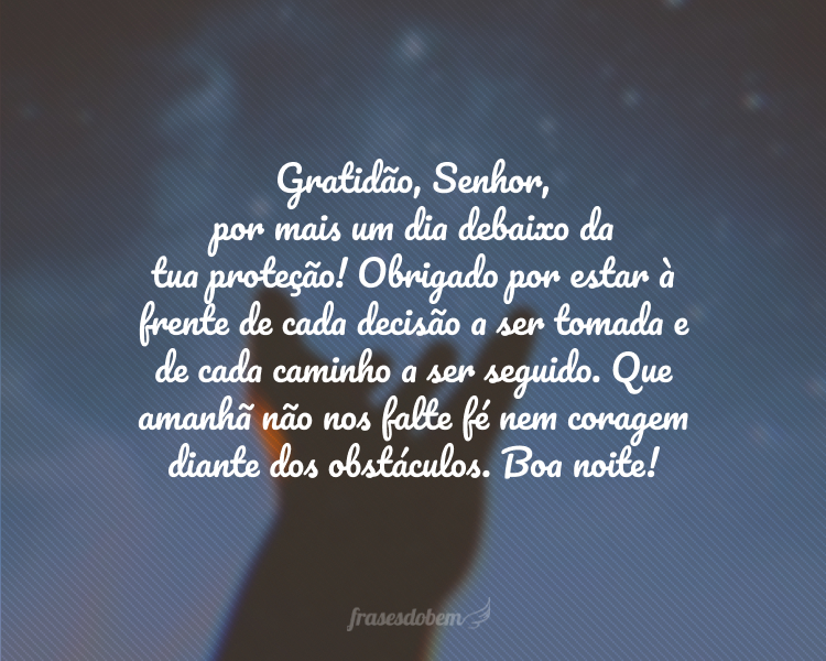 Gratidão, Senhor, por mais um dia debaixo da tua proteção! Obrigado por estar à frente de cada decisão a ser tomada e de cada caminho a ser seguido. Que amanhã não nos falte fé nem coragem diante dos obstáculos. Boa noite!