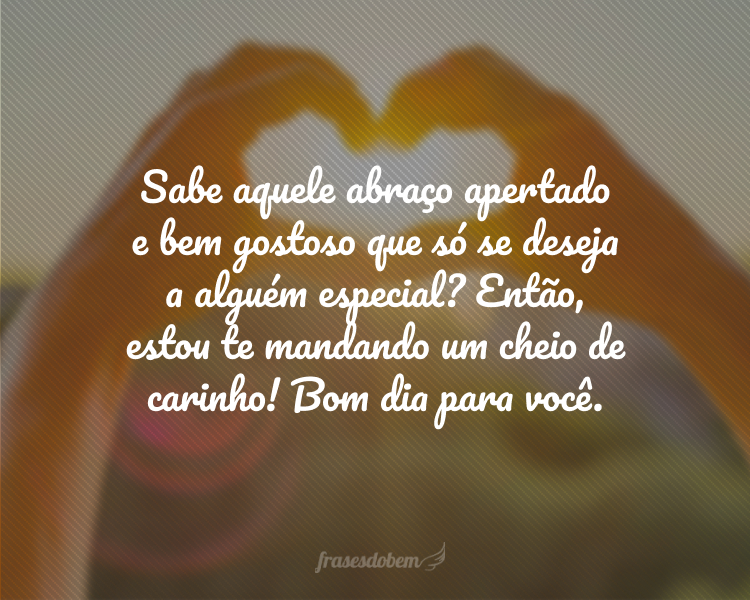 Sabe aquele abraço apertado e bem gostoso que só se deseja a alguém especial? Então, estou te mandando um cheio de carinho! Bom dia para você.