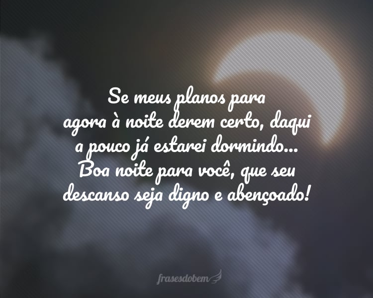 Se meus planos para agora à noite derem certo, daqui a pouco já estarei dormindo... Boa noite para você, que seu descanso seja digno e abençoado!