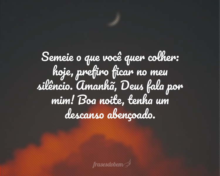 Semeie o que você quer colher: hoje, prefiro ficar no meu silêncio. Amanhã, Deus fala por mim! Boa noite, tenha um descanso abençoado.