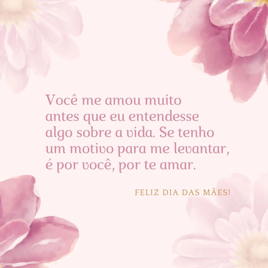 Você me amou muito antes que eu entendesse algo sobre a vida. Dedicou cada segundo para me oferecer o melhor. Acompanhou meus primeiros passos, cada palavra, minhas quedas. Se tenho um motivo para me levantar, é por você, por te amar. Feliz Dia das Mães!