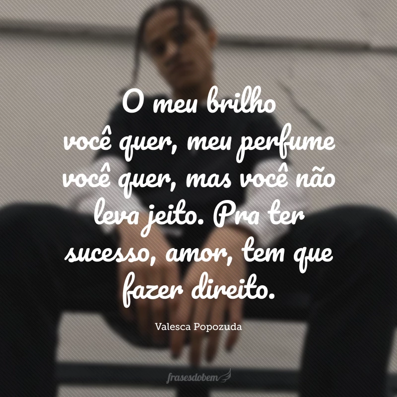 O meu brilho você quer, meu perfume você quer, mas você não leva jeito. Pra ter sucesso, amor, tem que fazer direito.