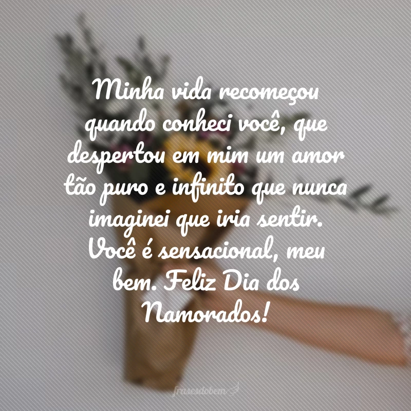 Minha vida recomeçou quando conheci você, que despertou em mim um amor tão puro e infinito que nunca imaginei que iria sentir. Você é sensacional, meu bem. Feliz Dia dos Namorados!